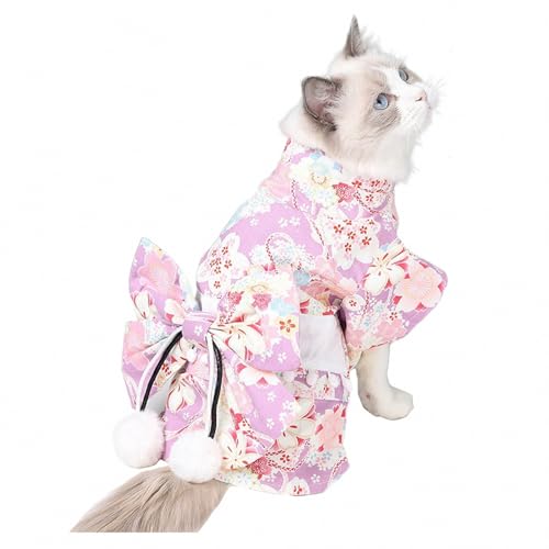 AEETYL Süßes Japanisches Kimono-Cosplay-Kostüm für Katzen und kleine Hunde, Halloween-Herbst- und Winterkleidung mit wunderschönem Blumendruck und warmer Haustier-Welpenkleidung,Pink,S von AEETYL