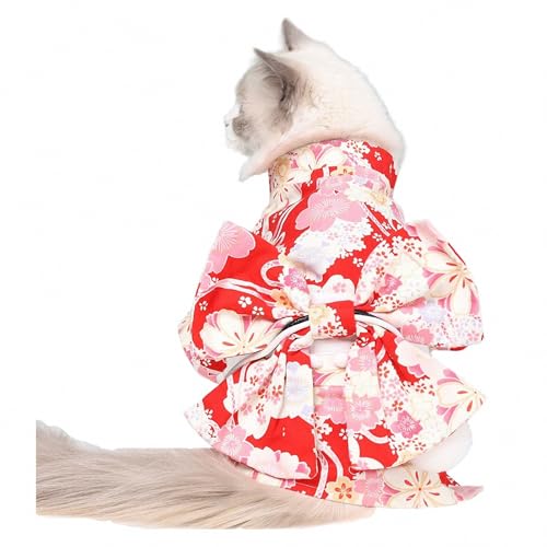 AEETYL Süßes Japanisches Kimono-Cosplay-Kostüm für Katzen und kleine Hunde, Halloween-Herbst- und Winterkleidung mit wunderschönem Blumendruck und warmer Haustier-Welpenkleidung,Red,L von AEETYL