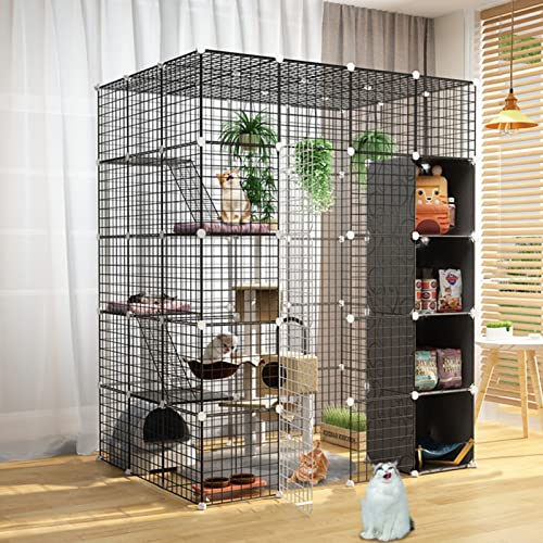 Katzenkäfig - Laufstall für Kleintiere, DIY-Käfig aus Metalldrahtgitter, Metallgehegenetz, Laufstall mit Tür und Aufbewahrungsbox für Haustiere, Igel, Meerschweinchen, Schwarz, 147 von AEGCAOJH