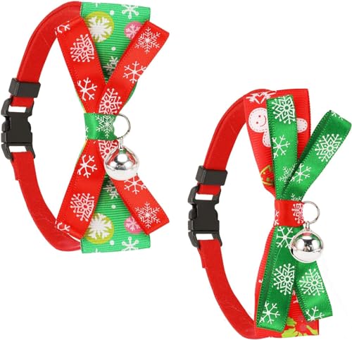 AEGISTO 2 Stück Weihnachts-Haustier-Halsband, verstellbares Weihnachts-Katzenhalsband mit doppelstöckiger Schleife, Glöckchen, Weihnachtsmuster, Halsring | niedliche modische Nylon-Fliege für kleine von AEGISTO