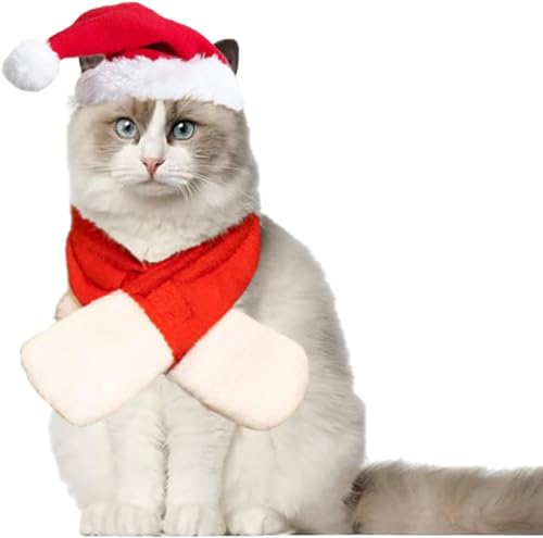 AEGISTO Hund Katze Haustier Nikolausmütze mit Schal, Weihnachtskostüm Set Haustier Katze Welpe Hund Weihnachtsmann Mütze und Schal Weihnachten Haustier Kostüm Zubehör für Weihnachtsdekoration Cosplay von AEGISTO