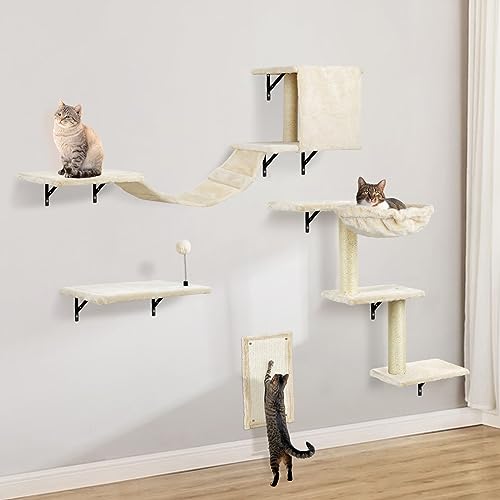 Katzen kletterwand Set mit Katzenbaum Hängematte,Katzenhöhle Wand,Katzenbrücke,Kratzbrett und Kratzbaum - 4-Teiliges Holz Katzenmöbel für Katzen Catwalk (Beige) von AFYHA