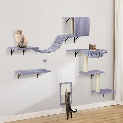 Katzen kletterwand Set mit Katzenbaum Hängematte,Katzenhöhle Wand,Katzenbrücke,Kratzbrett und Kratzbaum - 4-Teiliges Holz Katzenmöbel für Katzen Catwalk (Hellgrau) von AFYHA