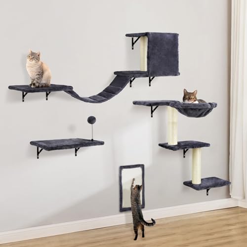 Katzen kletterwand Set mit Katzenbaum Hängematte,Katzenhöhle Wand,Katzenbrücke,Kratzbrett und Kratzbaum - 4-Teiliges Holz Katzenmöbel für Katzen Catwalk (Rauchgrau) von AFYHA