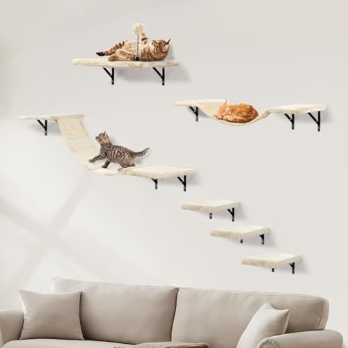 Katzen kletterwand XXL Set mit Katzentreppe Wand, Katzenbaum Hängematte,Katzenbrücke,Kratzbrett und Kratzbaum,Katzenwandmöbel Set - 6 Teiliges Katzen Wandelemente für Katzen Catwalk (Beige) von AFYHA