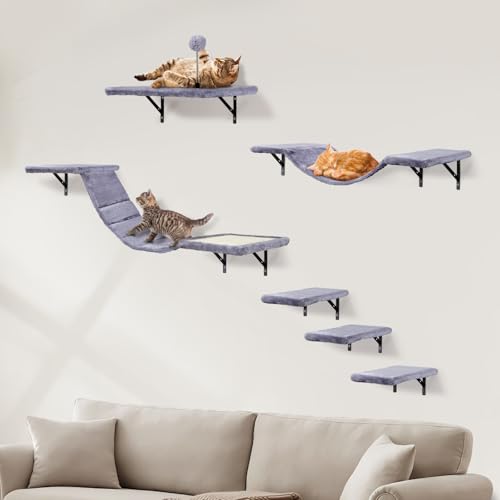 Katzen kletterwand XXL Set mit Katzentreppe Wand, Katzenbaum Hängematte,Katzenbrücke,Kratzbrett und Kratzbaum,Katzenwandmöbel Set - 6 Teiliges Katzen Wandelemente für Katzen Catwalk (Hellgrau) von AFYHA