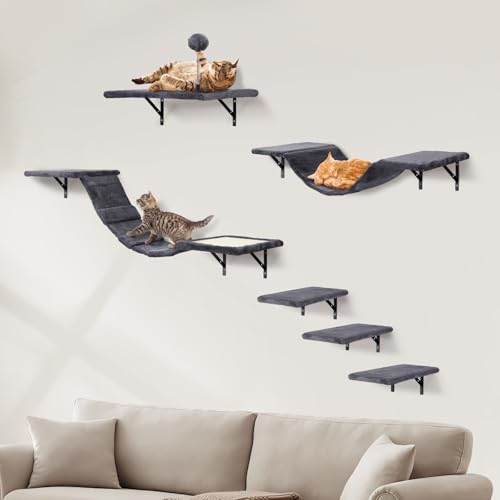 Katzen kletterwand XXL Set mit Katzentreppe Wand, Katzenbaum Hängematte,Katzenbrücke,Kratzbrett und Kratzbaum,Katzenwandmöbel Set - 6 Teiliges Katzen Wandelemente für Katzen Catwalk (Rauchgrau) von AFYHA