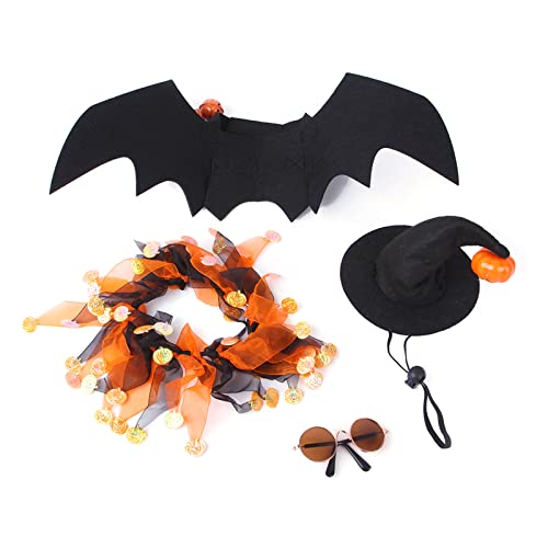 Haustier-Halloween-Kostüm, Fledermausflügel, verstellbarer Hexenhut, leicht, niedliches Halsband mit Glocken, Dekoration und Brille, Fledermausflügel, Halloween-Kostüm, Hut-Set für Katzen für kleine von AGONEIR