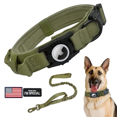 Taktisches AirTag-Hundehalsband-Leinen-Set, strapazierfähiges Hundehalsband, verstellbares GPS-Hundehalsband, kompatibel mit Apple AirTag, Hundehalsband mit AirTag-Halterung und Kontrollgriff für von AGPETS