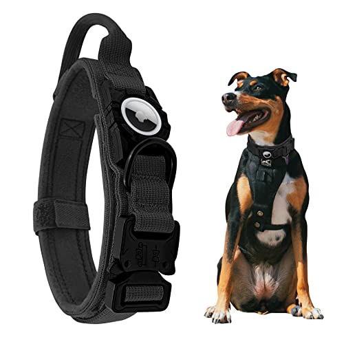 Taktisches Airtag-Hundehalsband [Schwarz, L], Militärisches Airtag-Hundehalsband, strapazierfähiges Trainings-Hundehalsband, verstellbares GPS-Hundehalsband für AirTag mit Apple AirTag-Halterung und von AGPETS