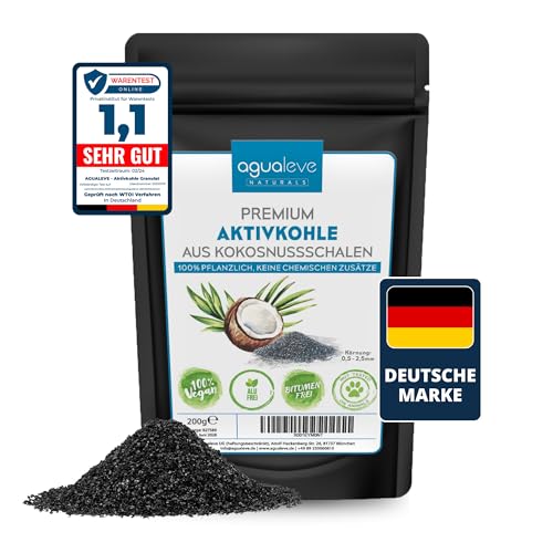 AGUALEVE® Premium Aktivkohle Granulat 200g aus Kokosnussschalen | Pflanzen, Katzenklo, Aquarium, und vieles mehr | 100% natürlich, frei von chemischen Zusätzen und Bitumen | Körnung: 0,5-2,5mm von AGUALEVE