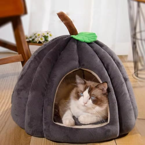 AHSBND 1pcs Cat Cave Katzenbett Kürbis-Form Halloween Cat Cave Bett Geschlossene Thermische Katzenhaus Weich Bequeme Dampproof-Katzenbetten Für Innenkatzen(Dark Gray,38 * 38 * 32CM) von AHSBND