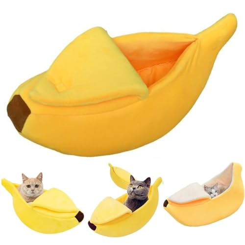 AHSBND Niedliches Bananen Katzen Bett, Weiches Katzen Umarmung Bett, Haustier Bett, Kreative Bananen Form Bett Haus Warmes Katzen Bett, Katze HundehüTte Bett Versteck HöHle(Yellow,55 * 20 * 15cm) von AHSBND