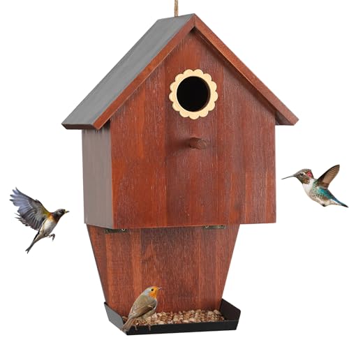 AHUONEL Vogelhäuser für draußen hängend Vogelfutterspender Garten Wildvogel-Futterspender für draußen Holz Vogelhaus für Bluebird Finken Kardinal Kolibris Küken Zaunkönig Geschenk für Vogelliebhaber von AHUONEL