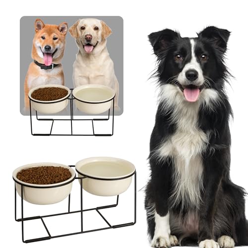 Hundenapf Set Erhöht Hundenäpfe Keramik - Doppel Fressnapf Hund Groß mit Rutschfestem Metallständer - Hunde Napfset für Futter Wasser - Ideal für Mittelgroße und Große Hunde - 2 x 1600 ml - Beige von AHX