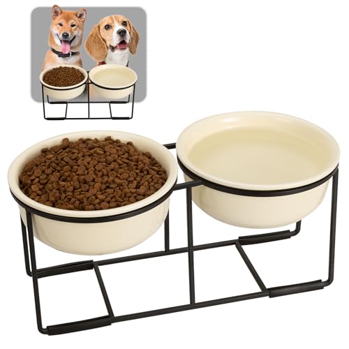 Hundenapf Set Erhöht Hundenäpfe Keramik - Fressnapf Hund 2er Set mit Rutschfestem Metallständer - Doppelnapf Hund für Futter und Wasser - Ideal für Kleine und Mittelgroße Hunde - 2 x 800 ml - Beige von AHX