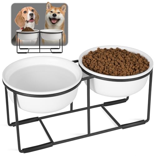 Hundenapf Set Erhöht Hundenäpfe Keramik - Fressnapf Hund 2er Set mit Rutschfestem Metallständer - Doppelnapf Hund für Futter und Wasser - Ideal für Kleine und Mittelgroße Hunde - 2 x 800 ml - Mattweiß von AHX