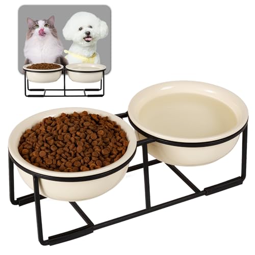 Hundenapf Set Erhöht Hundenäpfe Keramik - Futternapf Hund 2er Set mit Rutschfestem Metallständer - Futterstation Hund für Futter und Wasser - Doppelnapf für Welpen und Katzen - 2 x 400 ml - Beige von AHX