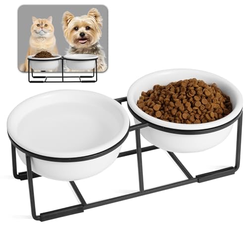 Hundenapf Set Erhöht Hundenäpfe Keramik - Futternapf Hund 2er Set mit Rutschfestem Metallständer - Futterstation Hund für Futter und Wasser - Doppelnapf für Welpen und Katzen - 2 x 400 ml - Mattweiß von AHX