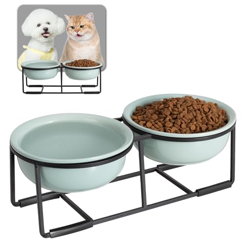 Hundenapf Set Erhöht Hundenäpfe Keramik - Futternapf Hund 2er Set mit Rutschfestem Metallständer - Futterstation Hund für Futter und Wasser - Doppelnapf für Welpen und Katzen - 2 x 400 ml - grün von AHX