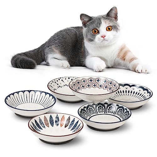 Katzen Futternapf Fressnapf Katze Keramik - Katzennapf mit Rutschfester Matte - Katzennäpfe Set - Katzenfutter Napf Klein - Katzenschüssel Flach - Futterschale Katze - Katzen Napfset - 6 Stück - 250ml von AHX