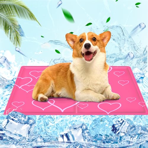 AHYDFSR Kühlmatte Hunde Katzen, Kühlmatte für Hunde, Kühlmatte für Katzen, Kühldecke für Hunde Wasserdicht & Kratzfest, Hunde kühlmatte verwenden selbstkühlend mit ungiftiges Gel, 40×50cm, Rosa Herz von AHYDFSR