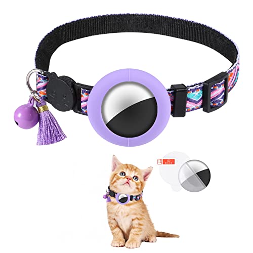 AIEX Airtag Katzenhalsband mit Sicherheitsverschluss Glöckchen Quaste, 1,1cm Breit Wasserdicht Airtag Katzenhalsband Breakaway Anti Lost für Katzen Hunde Welpen mit Airtag Schutzfolie (Lila) von AIEX