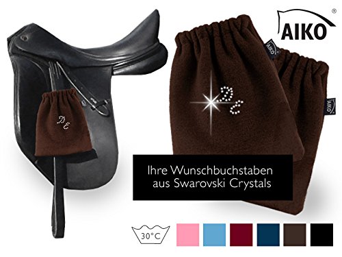 AIKO Steigbügelschoner mit WUNSCHBUCHSTABEN aus Strass, Steigbügelschützer Steigbügelschutzhülle Steigbügelhülle, Fleece 1 Paar (Mocca) von AIKO