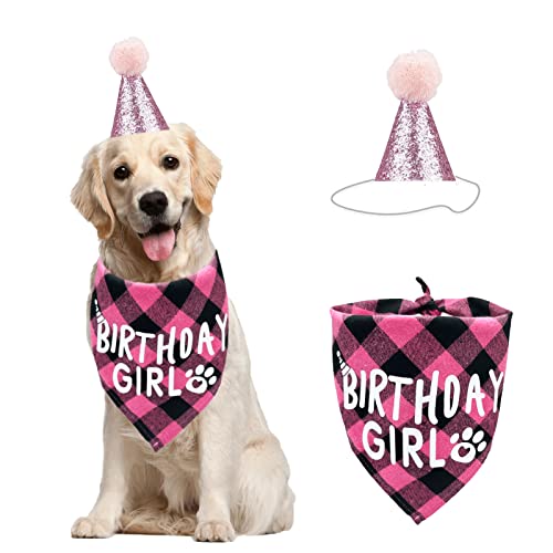 Hund Geburtstag Bandana Hut Schal Set, Hund Geburtstag Party Zubehör, Hunde Bandana Junge Mädchenm Welpe Geburtstags Hut Schal klassisches Kariertes Design für Hunde (Pink) von AIMICOCA