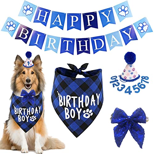 Hund Geburtstag Party Supplies, Hund Geburtstag Bandana Hut Schal Set Plaid Hund Welpe Geburtstag Bandana Geburtstag Hundehut mit Zahlen Hundeschal Schleife und Happy Birthday Banner Set mit süßem von AIMICOCA