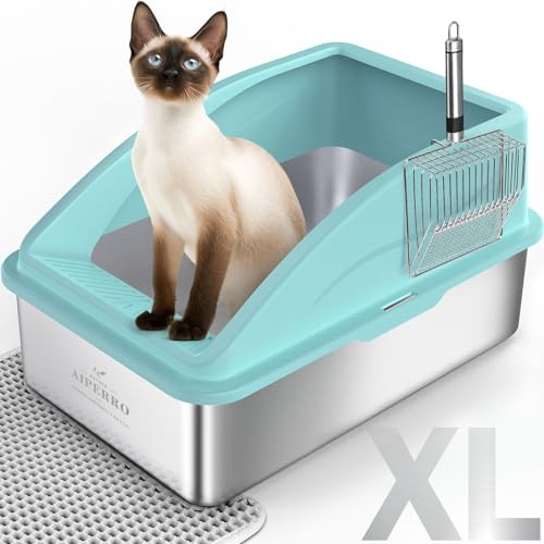 Geschlossene Edelstahl-Katzentoilette mit hoher Seite, XL extra große Katzentoilette für große Katzen, Metall-Katzentoilette hochseitig, Anti-Urinleckage, inklusive Katzenmatte und von AIPERRO