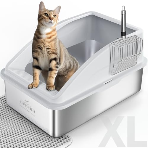 AIPERRO Geschlossene Katzentoilette Edelstahl mit Deckel | XL Extra Große Katzentoilette für Großkatzen | Metall Katzentoilette hochseitig | Anti-Urinleckage, inklusive Katzenmatte und von AIPERRO