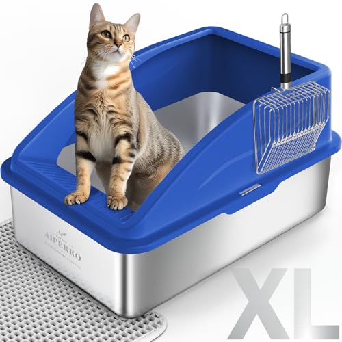 AIPERRO Katzentoilette Enclosed Stainless Steel, XL Extra Large Metal Litter Box for Big Cats, High Sided, Anti-Urin Leakage, Includes Cat Mat and Metal Scoop (Blue) von AIPERRO