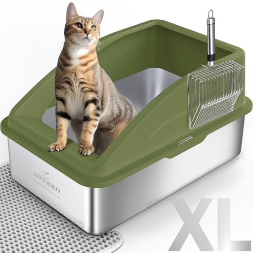 AIPERRO Katzentoilette aus Edelstahl mit hohen Seiten, XL Extra große Metalltoilette Anti-Urinleckage, inklusive Katzenmatte und Metallschaufel (Oliv) von AIPERRO