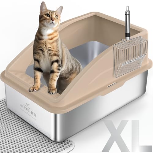 Geschlossene Edelstahl-Katzentoilette mit hoher Seite, XL extra große Katzentoilette für große Katzen, Metalltoilette hochseitig, Anti-Urinleckage, inklusive Katzenmatte und Ganzmetallstreuschaufel von AIPERRO