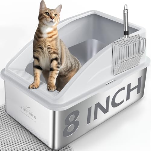 Katzentoilette aus Edelstahl | XXL vertieftes 20,3 cm Design geschlossene Katzentoilette mit Deckel für große Katzen | hohe Seite, Anti-Urin-Leckage | Antihaft-Boden & inklusive Katzentoilette & von AIPERRO