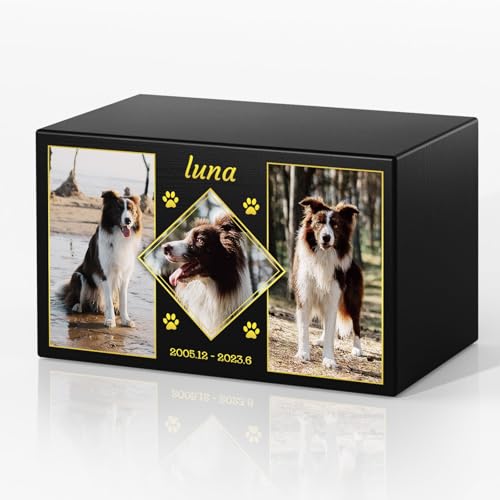 Personalisierte Haustierurnen für die Asche von Hunden – Individuelle Holzbox mit Foto als Andenken an Ihr Haustier, Fotobox für die Einäscherung von Haustieren, Holzurne (3 Foto, Groß (0–125 Pfund)) von AIPILEI