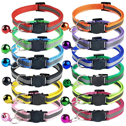 12 Stück Katzenhalsband Reflektierend,Katzenhalsband mit Sicherheitsverschluss und Glöckchen Halsband Katze,Verstellbar 19–32 cm,für Katzen und Welpen (12 Farben) von AISHOW