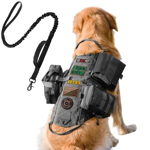 AIWAI Taktisches Hundegeschirr mit Taschen, kein Ziehen, verstellbar, Militr-Hundegeschirr mit Griff, Schwarz (mit MOLLE-System, personalisierbares Panel, abnehmbare Taschen), XL, Black von AIWAI