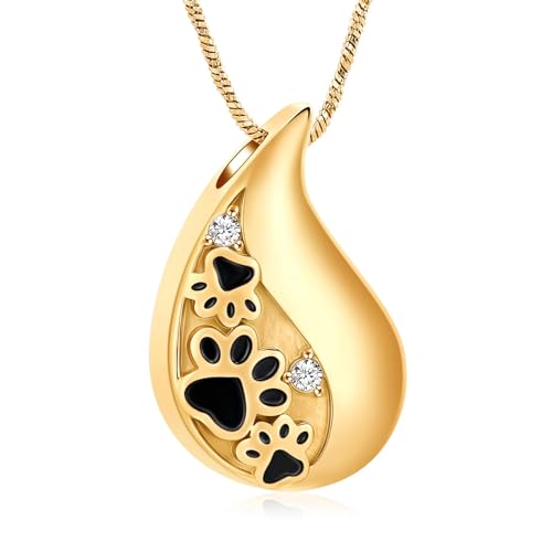 AIWENXI Haustier Pfote drucken Teardrop Urnen-Halskette für Asche für Hund/Katze Asche Andenken Anhänger für Einäscherung Gedenk-Schmuck für Frauen/Männer von AIWENXI