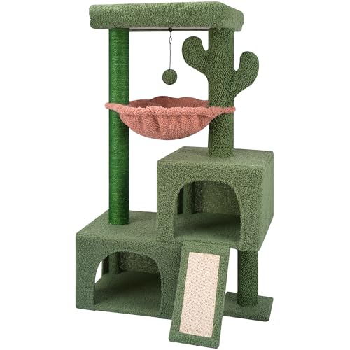 AIWIKIDE Kaktus-Katzenbaum, Katzenturm mit zwei Katzenhütten für Indoor-Katzen, All-in-One-Katzenhausmöbel mit Kratzbaum, gemütliche Schlafstange, Hängematte und Spielzeugbälle, Grün von AIWIKIDE