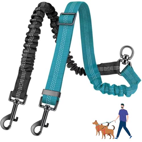 AKEISHE 2-in-1 Doppelleine für zwei Hunde mit verstellbarem Gurt und stoßdämpfendem Bungee – kein Verheddern, doppelter Hundesplitter für Spaziergänge und Training kleiner bis großer Hunde von AKEISHE