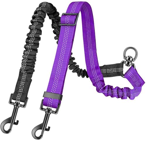 AKEISHE Doppelte Hundeleine für zwei Hunde – 2-in-1 verbesserte Doppelleine für zwei Hunde mit verstellbarem Gurt und stoßdämpfendem Bungee, kein Verheddern, doppelter Trainings-Splitter, Violett von AKEISHE