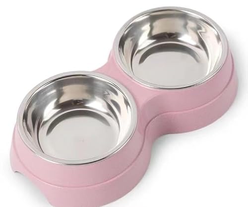 AKEISHE Doppeltes Katzenfutter- und Wassernapf-Set - Edelstahlnäpfe mit leicht zu reinigendem abnehmbarem Design, rutschfester Boden, Haustier-Futterspender für Kätzchen und mittelgroße Katzen (Rosa) von AKEISHE