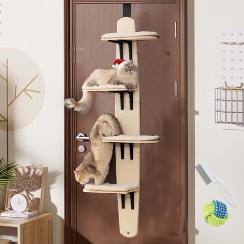 Katzenregal für die Tür, mehrstöckiges Katzenklettergerüst, Holz-Türkletterbaum mit Teppichboden, Katzenbaum-Türhänger für platzsparende Innenräume (1 PC, 4 Layers) von AKMDAK