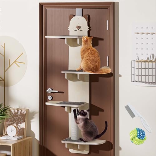 Katzenregal für die Tür, mehrstöckiges Katzenklettergerüst, Holz-Türkletterbaum mit Teppichboden, Katzenbaum-Türhänger für platzsparende Innenräume (Cat, 4 Layers) von AKMDAK