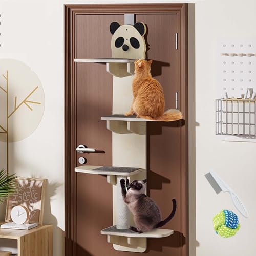 Katzenregal für die Tür, mehrstöckiges Katzenklettergerüst, Holz-Türkletterbaum mit Teppichboden, Katzenbaum-Türhänger für platzsparende Innenräume (Panda, 4 Layers) von AKMDAK