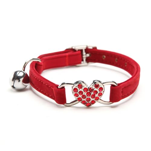 AKOAK Diamant-Katzenhalsband, verstellbares Mini-Halsband, funkelndes Kristall, herzförmiges Ornament und Glocke, sicherer Schnellverschluss-Gurt (Halsumfang 20,3 cm - 25,4 cm) (Rot) von AKOAK