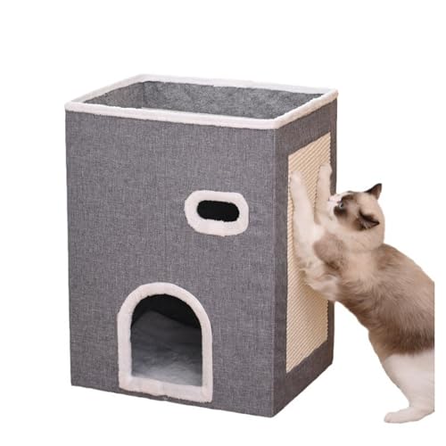 Katzenhöhle, Katzenbett für Indoor-Katzen, niedlicher Katzenturm, Katzenwohnung, Plattform-Katzenhaus, Katzenturm mit Hängematte, geeignet für kleine und mittelgroße Katzen, Grau A, 65 x 40 x 48 cm von AKPHBKFG