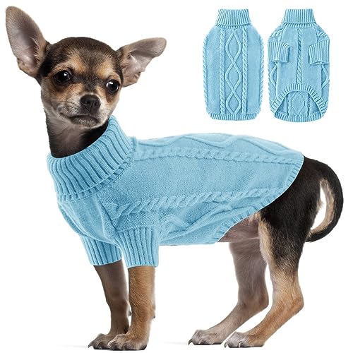 ALAGIRLS Dicker Atmungsaktiver Fleece Hundepullover Katzenkleidung, Weicher Strickpullover für Katze Chihuahua Dackel, Winter Warm Haustier Outfit Bekleidung, LightBlue XXL von ALAGIRLS